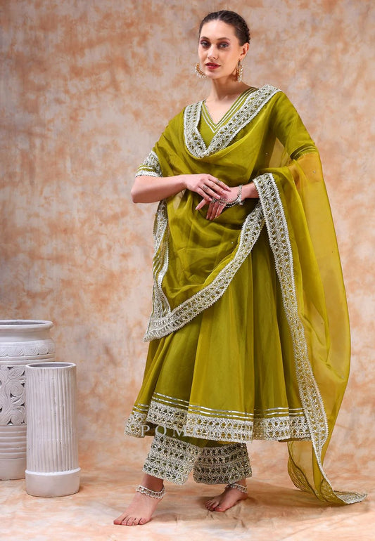MEHENDI GREEN DIL KASH ORGANZA ANARKALI SUIT SET