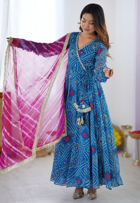 BLUE APSARA BANDHEJ CHIFFON SUIT SET