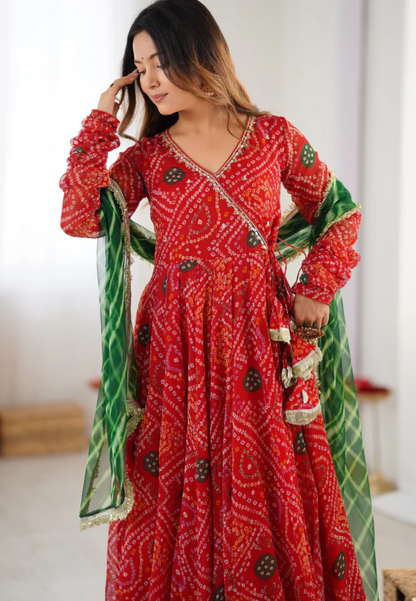 RED MEGHNA BANDHEJ CHIFFON SUIT SET