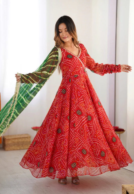 RED MEGHNA BANDHEJ CHIFFON SUIT SET