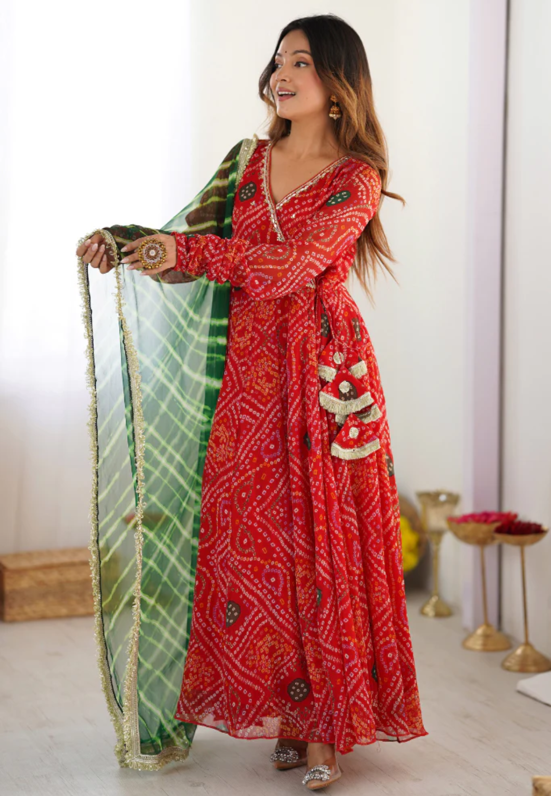 RED MEGHNA BANDHEJ CHIFFON SUIT SET