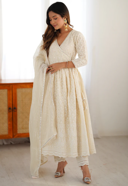 PEARL WHITE MOHINI COTTON ANARKALI SUIT SET