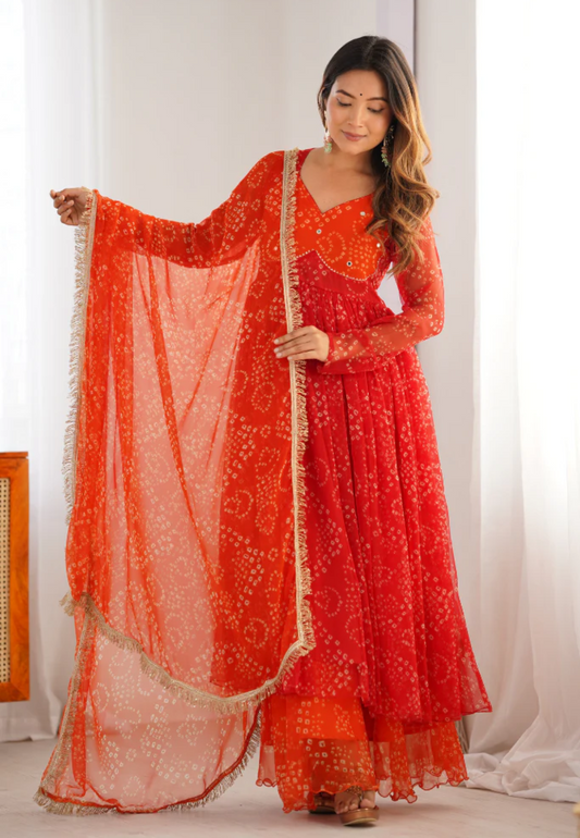 ORANGE SAFFRON BANDHEJ CHIFFON SUIT SET