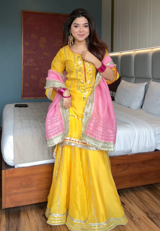 YELLOW PURE ORGANZA SHARARA SET
