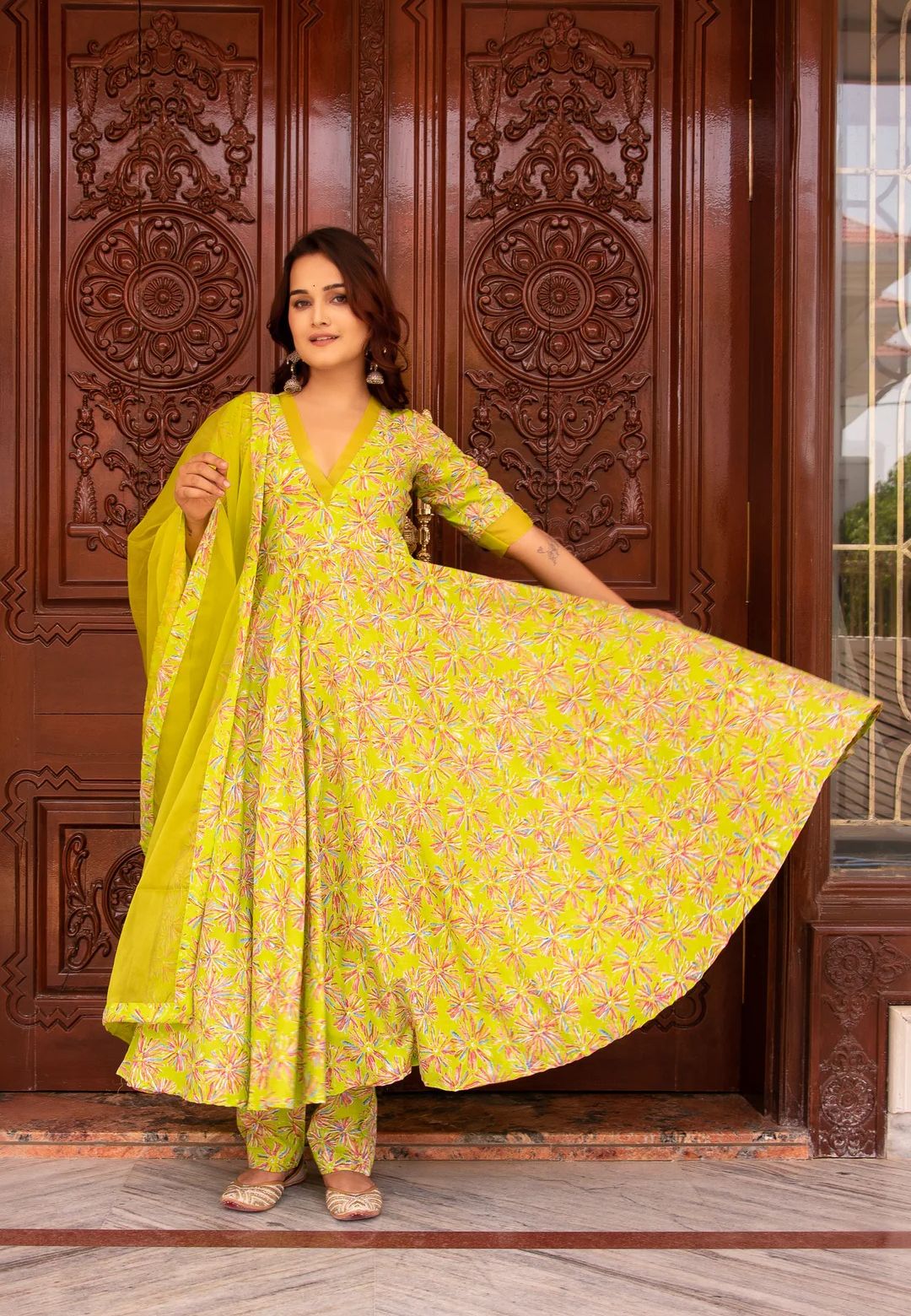 SUNHARI PASTEL GREEN HANDBLOCK ANARKALI SUIT SET