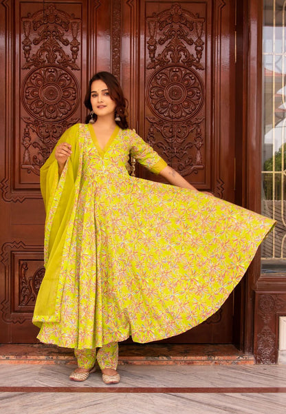 SUNHARI PASTEL GREEN HANDBLOCK ANARKALI SUIT SET