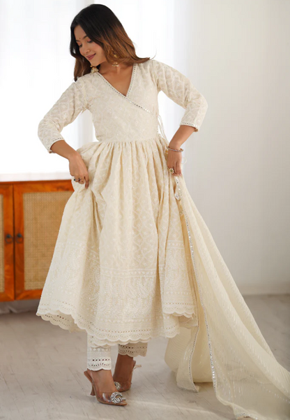 PEARL WHITE MOHINI COTTON ANARKALI SUIT SET