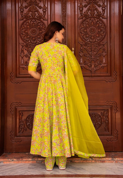 SUNHARI PASTEL GREEN HANDBLOCK ANARKALI SUIT SET