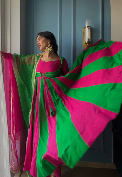 PEACOCK GREEN COTTON MALMAL ANARKALI SUIT SET
