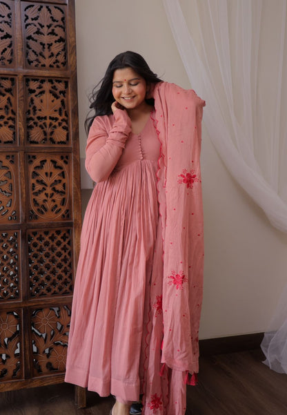 PINK COTTON MALMAL ANARKALI SUIT SET