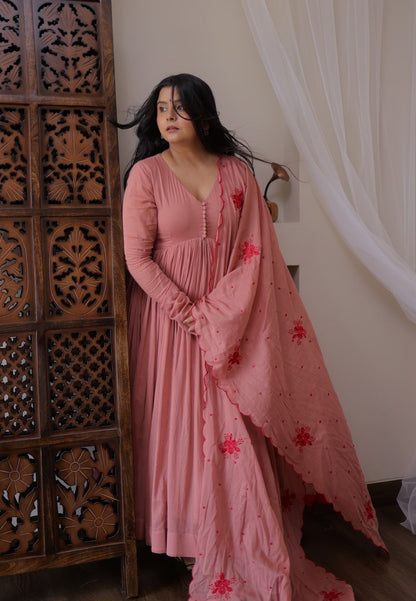 PINK COTTON MALMAL ANARKALI SUIT SET