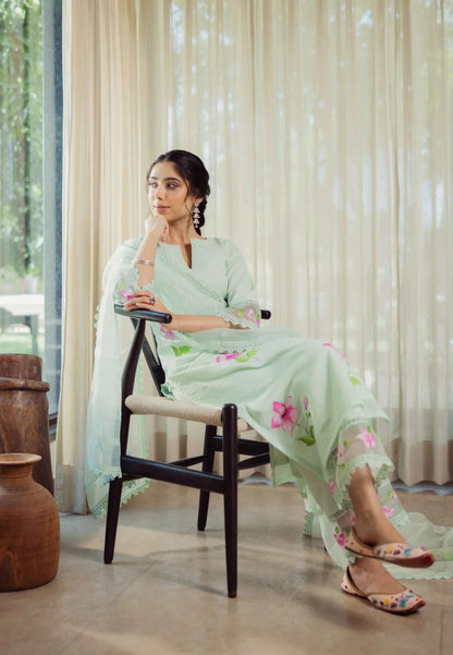 MINT GREEN MIRAGE HANDPAINTED CHANDERI SUIT SET