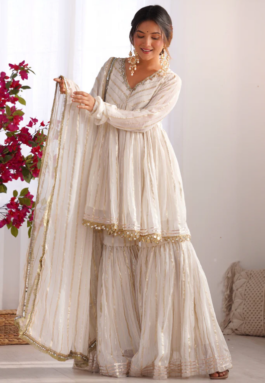 OFF WHITE SAJNA GEORGETTE LUREX SHARARA SET