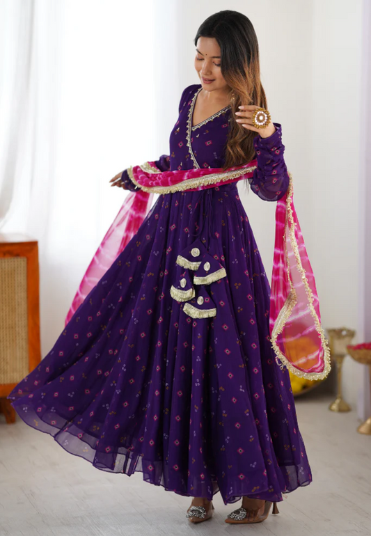 PUPRLE LAVANYA BANDHEJ CHIFFON SUIT SET