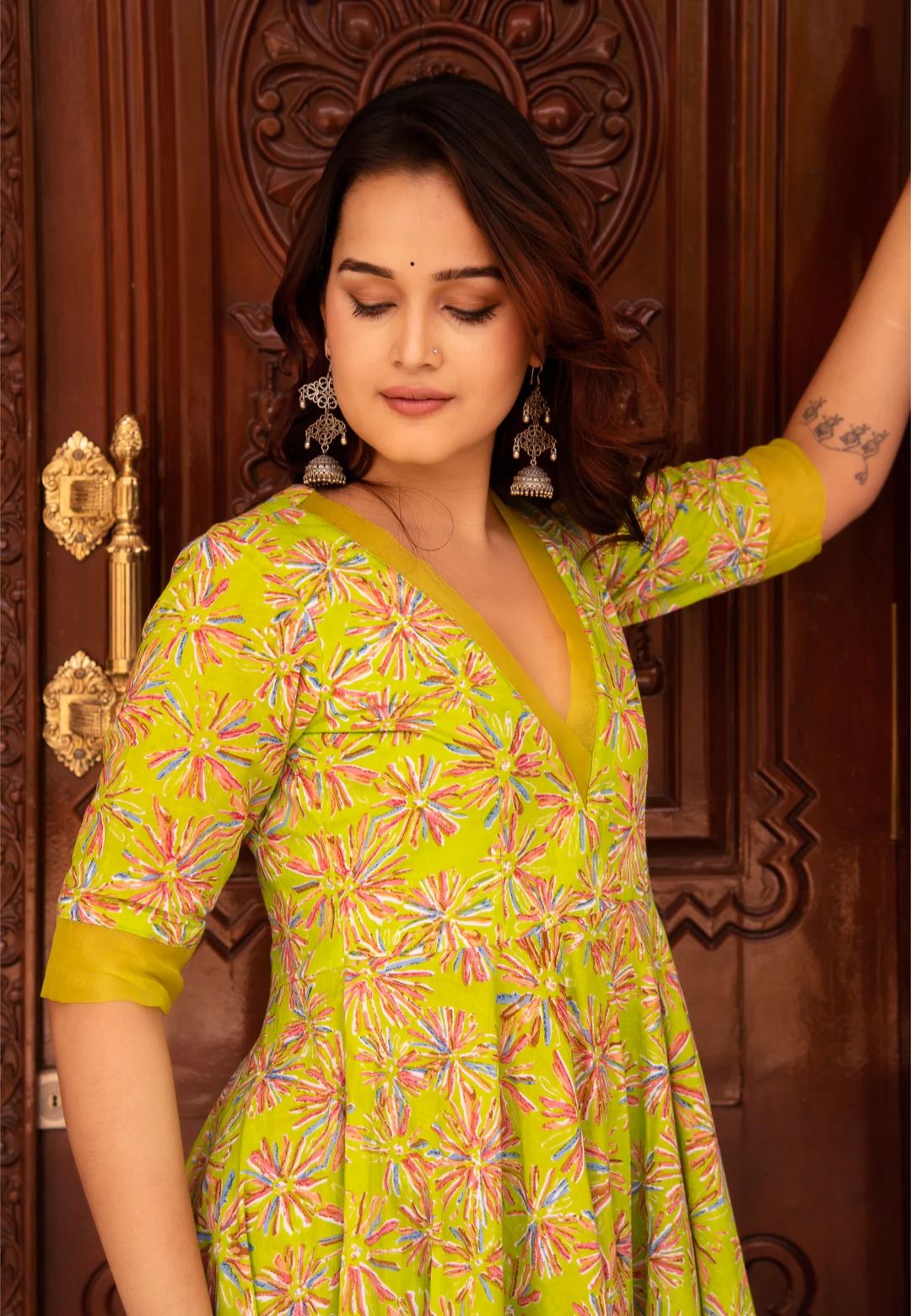 SUNHARI PASTEL GREEN HANDBLOCK ANARKALI SUIT SET