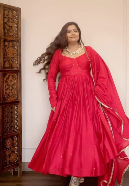 RED CHANDERI ANARKALI SUIT SET