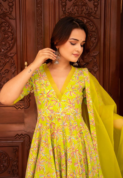 SUNHARI PASTEL GREEN HANDBLOCK ANARKALI SUIT SET