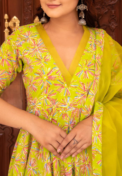 SUNHARI PASTEL GREEN HANDBLOCK ANARKALI SUIT SET