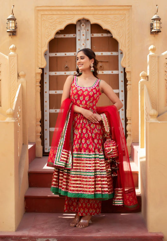 RED PARI COTTON GOTA PATTI ANARKALI SUIT SET