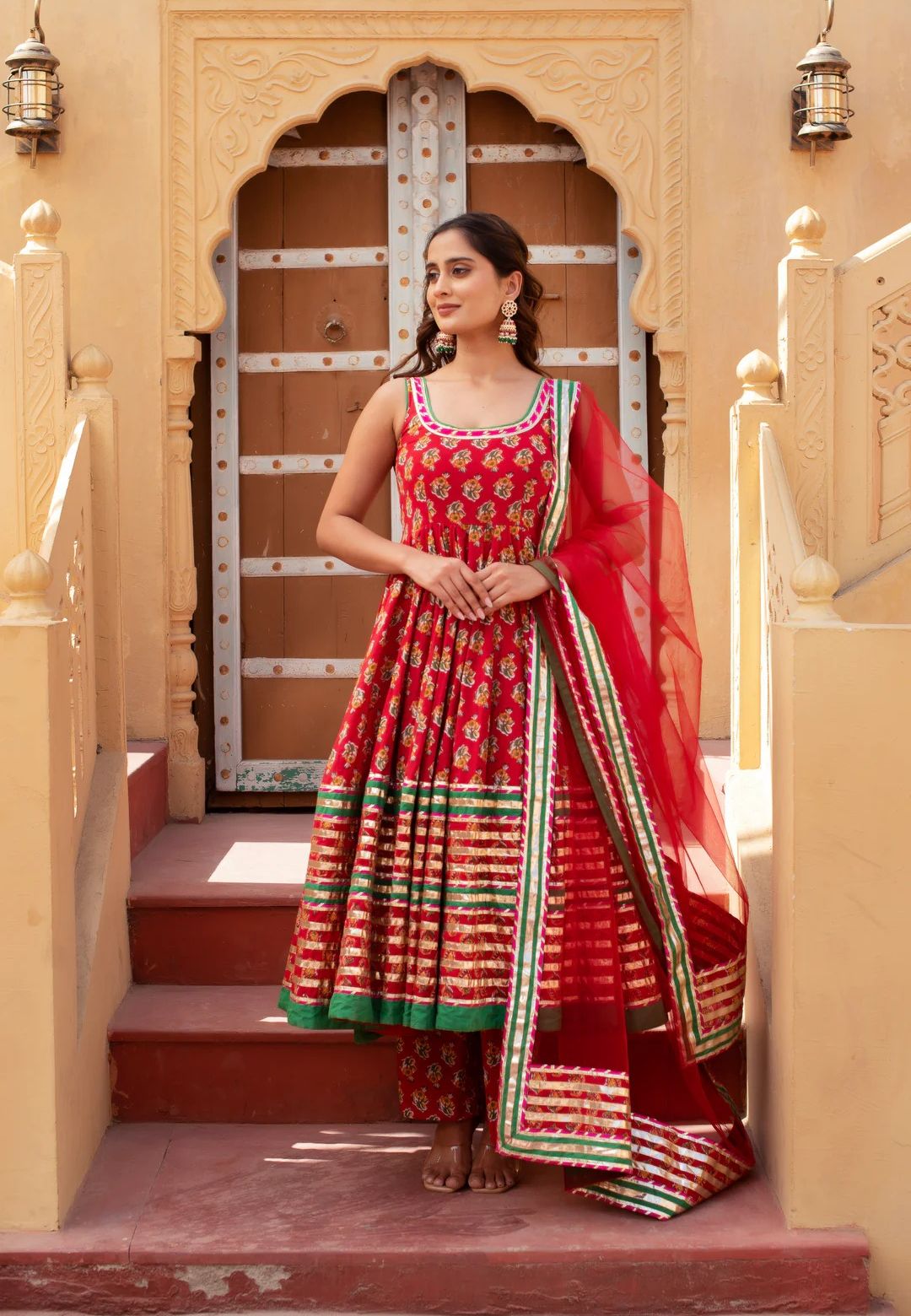 RED PARI COTTON GOTA PATTI ANARKALI SUIT SET