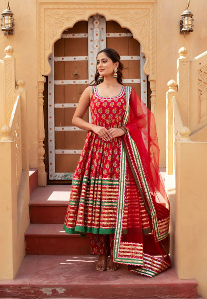 RED PARI COTTON GOTA PATTI ANARKALI SUIT SET