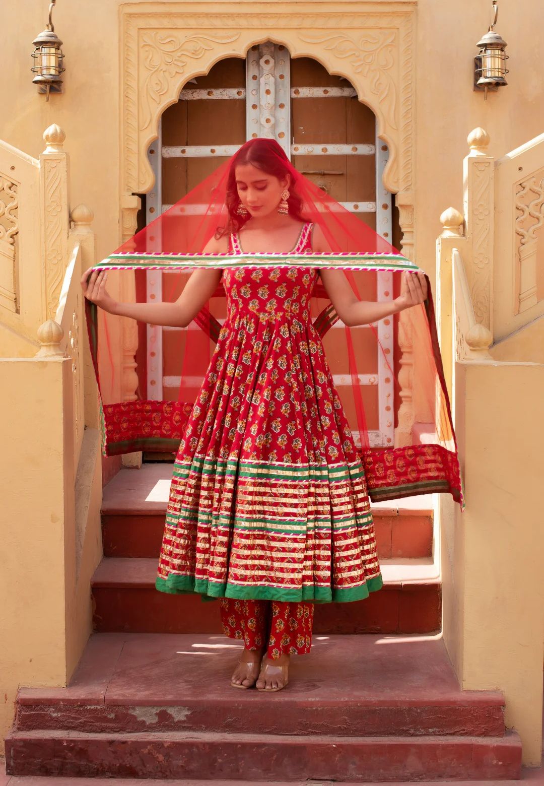 RED PARI COTTON GOTA PATTI ANARKALI SUIT SET