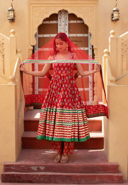 RED PARI COTTON GOTA PATTI ANARKALI SUIT SET