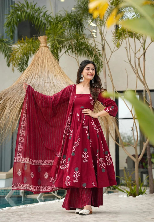 MAROON MAHO COTTON SUIT SET