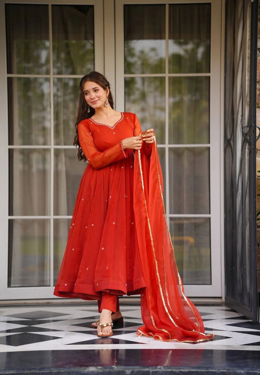 RED SAFFRON ORGANZA ANARKALI SUIT SET