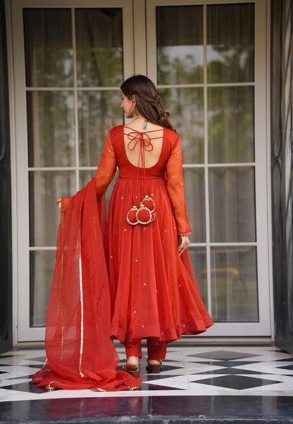 RED SAFFRON ORGANZA ANARKALI SUIT SET