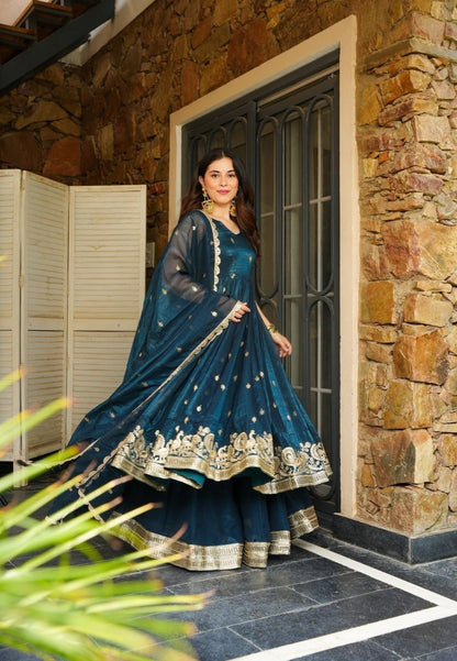 BLUE ZARKAAR ORGANZA SHIMMER SUIT SET