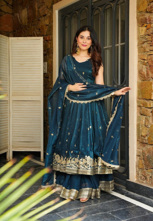 BLUE ZARKAAR ORGANZA SHIMMER SUIT SET