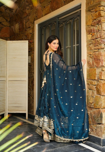 BLUE ZARKAAR ORGANZA SHIMMER SUIT SET