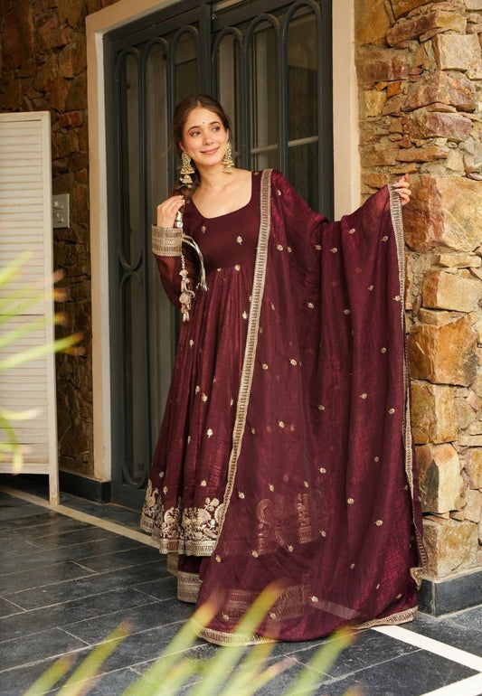 BROWN RYAL PLUM ORGANZA SHIMMER SUIT SET