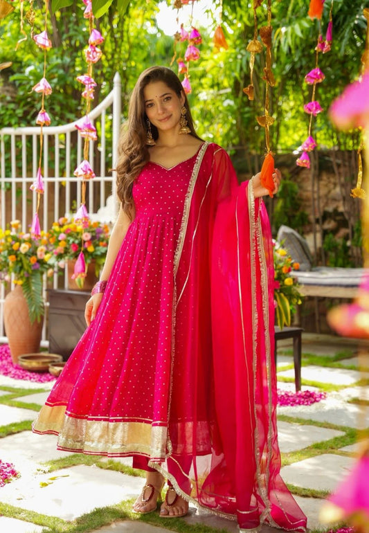 PINK PHOOLKARI SLEEVELESS ORGANZA SUIT SET