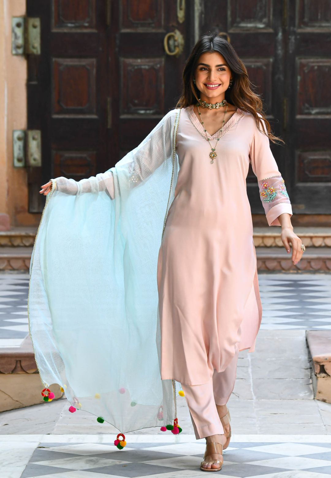 BABY BLUE PINK EMBROIDERED MUL SUIT SET