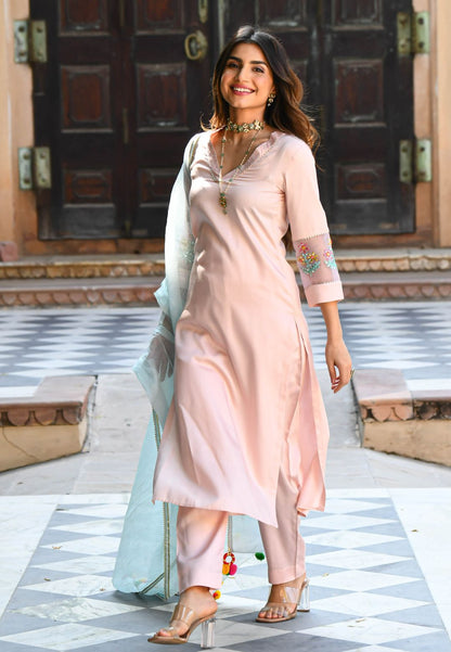 BABY BLUE PINK EMBROIDERED MUL SUIT SET