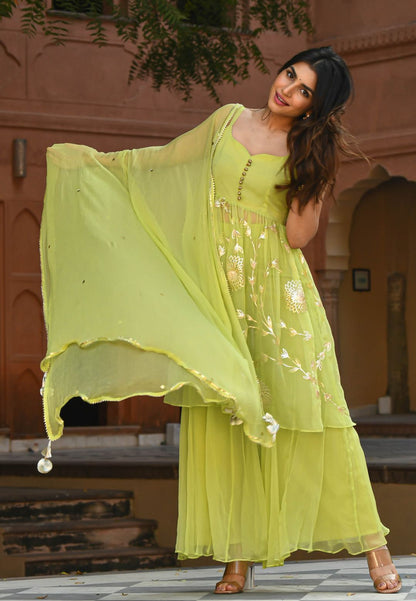PARROT GREEN GOTA CHIFFON SHARARA SUIT SET