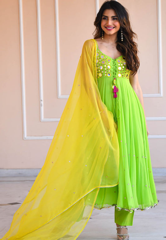 YELLOW GREEN MIRROR WORK GEORGETTE SUIT SET