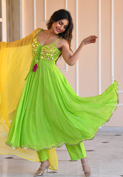 YELLOW GREEN MIRROR WORK GEORGETTE SUIT SET