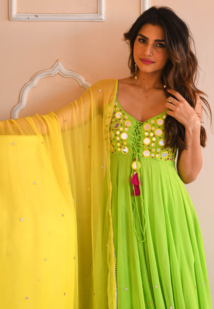 YELLOW GREEN MIRROR WORK GEORGETTE SUIT SET