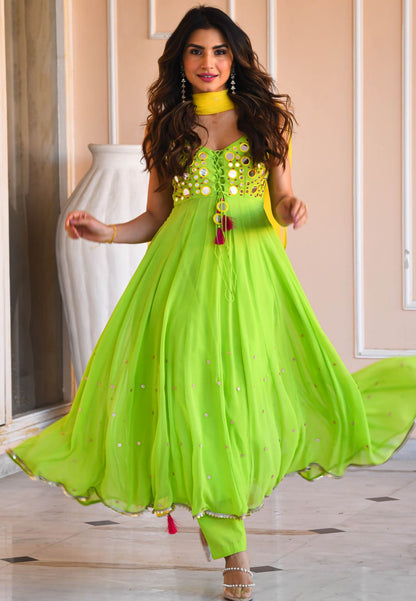 YELLOW GREEN MIRROR WORK GEORGETTE SUIT SET