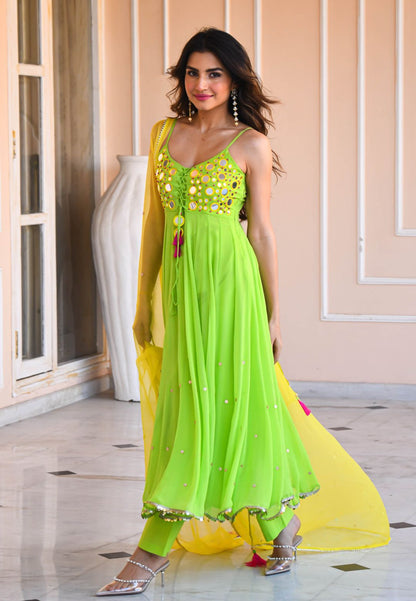 YELLOW GREEN MIRROR WORK GEORGETTE SUIT SET