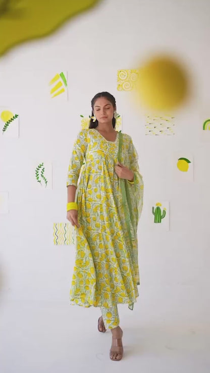 LEMON YELLOW COTTON ANARKALI SUIT SET