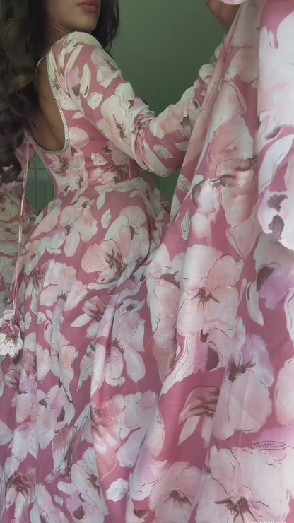 PINK FLORAL CHIFFON ANARKALI SUIT SET