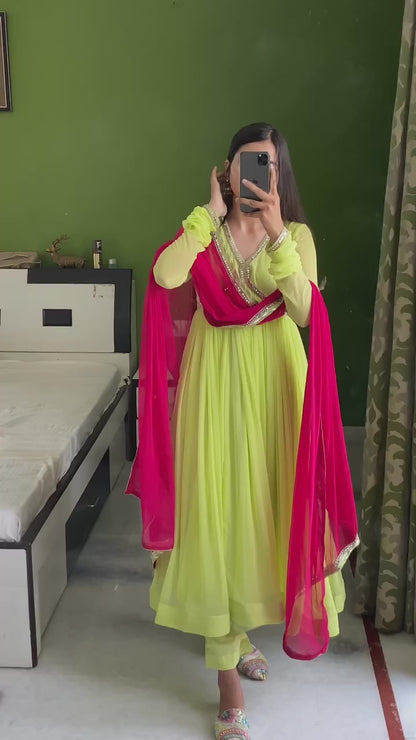 GREEN GOTA LUSH CHIFFON ANARKALI SUIT SET