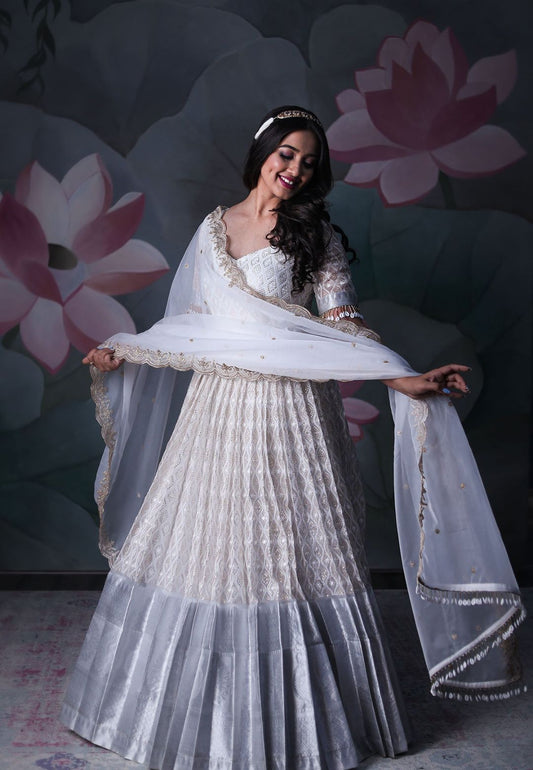 WHITE CHIKAN ORGANZA SEQUIN ANARKALI SET
