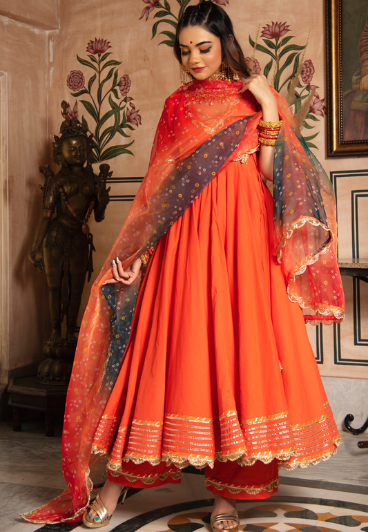 ORANGE GOTALACE COTTON ANARKALI SUIT SET