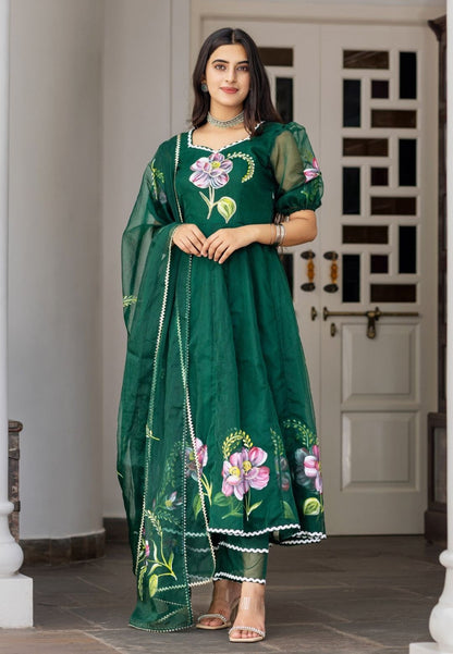 GREEN ORGANZA ANARKALI SUIT SET