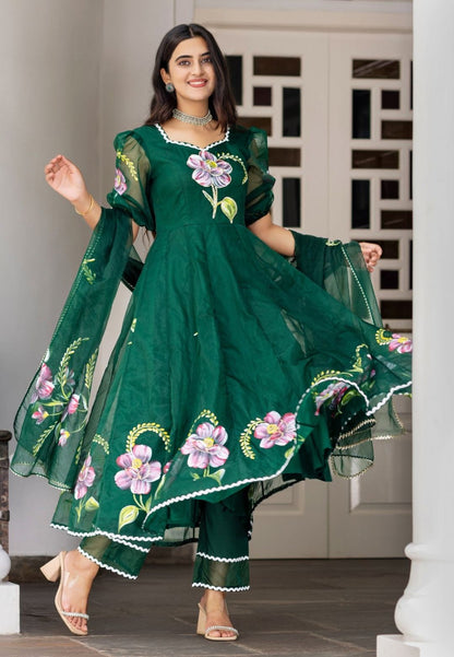 GREEN ORGANZA ANARKALI SUIT SET